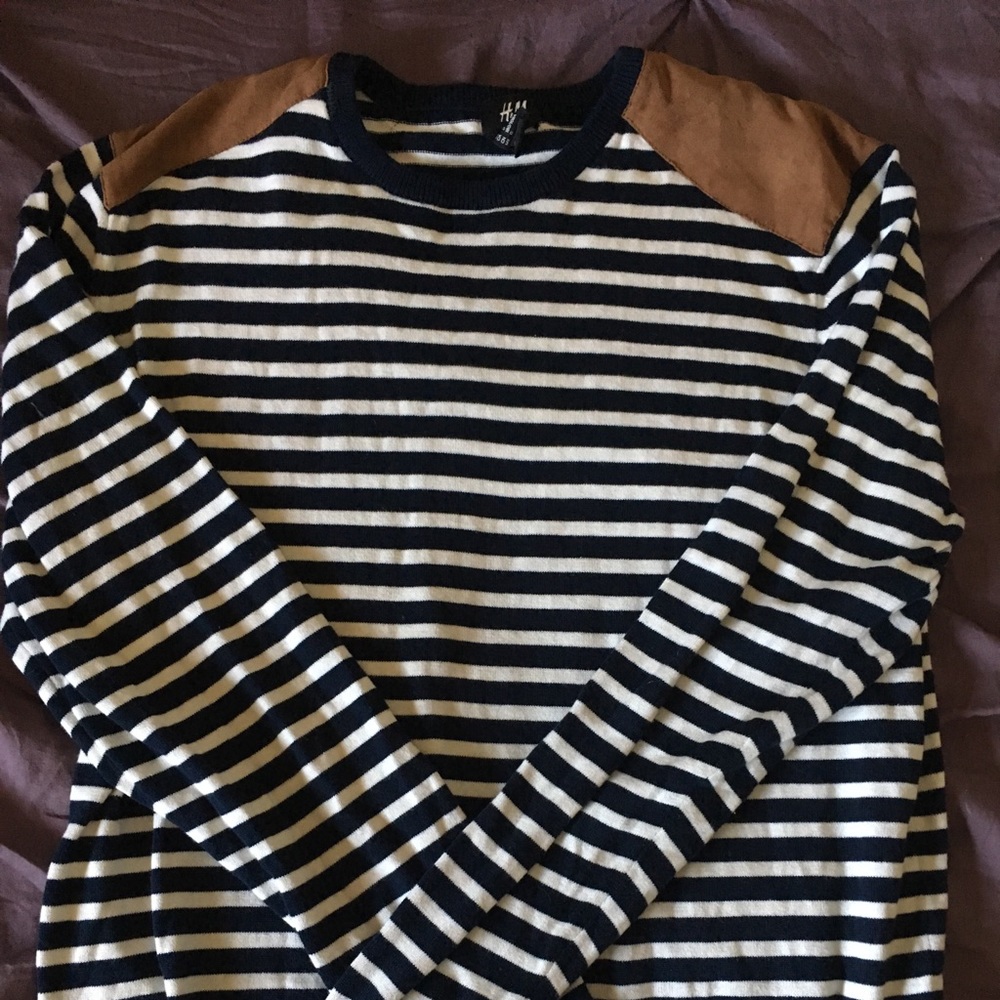H&M STRIPED SWEATER WITH FAUX SUEDE SHOULDER